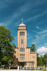Obraz premium Akniste, Akniste Municipality, Selonia, Latvia. Catholic Church In Sunny Summer Day. Architectural Heritage