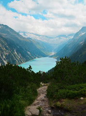 Fototapeta na wymiar Schlegeisspeicher(water reservoir) seen from hike to Olperer Hütte (hut) in Zillertal