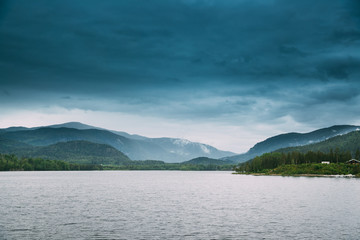 Norway. Beautiful Lake Kroderen In Summer Cloudy Day. Norwegian Nature. Kroderfjorden In Municipality Of Krodsherad In Buskerud, Norway