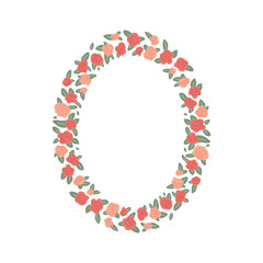 Oval frame of rose flowers isolated on white background. Vector illustration of cartoon style