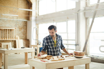Waist up portrait of mature carpenter working with wood in workshop, copy space