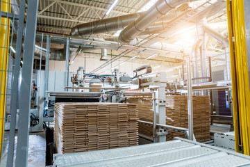 Production line of the wooden floor factory. CNC automatic woodworking machine.