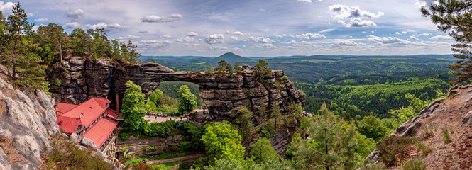 Panoramic view of Prebischtor Gate (Pravcicka brana), the biggest natural sandstone arch in Europe....