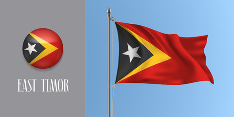 East Timor waving flag on flagpole and round icon vector illustration