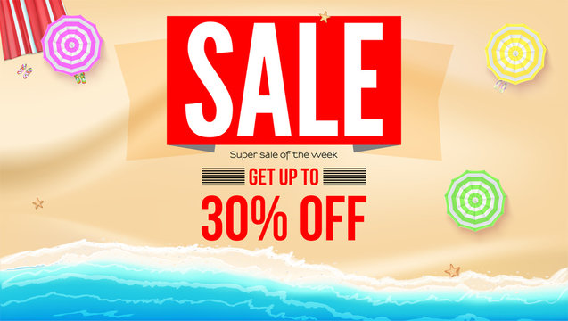 Sale, get up to 30 percent discount. Supper sale of the week. Seashore with sun umbrellas on yellow sand near sea surf. Banner for actions of summer sale. Vector template, 3d illustration