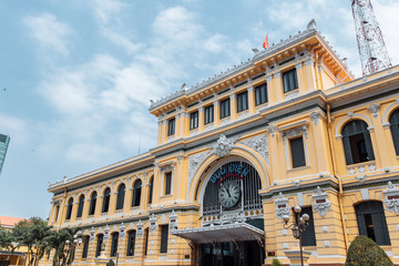 Fototapeta na wymiar Saigon Central Post Office on blue sky background in Ho Chi Minh, Vietnam.