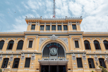 Saigon Central Post Office on blue sky background in Ho Chi Minh, Vietnam.