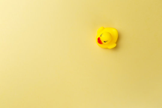 Yellow rubber duck on yellow background. Minimal style with colorful paper backdrop. Top view. Trendy colorful photo. Flat lay. Copy space. Minimal creative concept