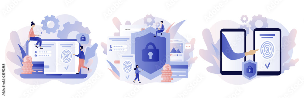 Wall mural Data protection concept. Scan Fingerprint, Identification system. Modern flat cartoon style. Vector illustration