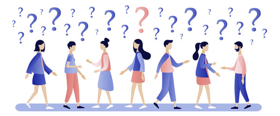 Group of people talking. People around question marks. Question answer metaphor. Modern flat cartoon style. Vector illustration
