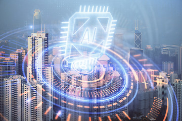 Obraz premium Data theme hologram drawing on city view with skyscrapers background double exposure. Technology concept.
