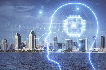 Brain hologram drawing on cityscape background multi exposure. Ai in modern city concept.