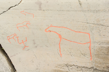 Rock art in Alta Fjord, Norway. Ancient symbols, real drawing,  texture in stone. Red ocher paint. Human preys on animals deer.  Group of petroglyphs, dating from c. 4200 to 500 B.C.