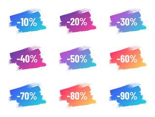 discount white letterings on color gradient brush strokes. discount from 10 to 90 percent off. illustration for promo advertising discounts