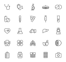 medicine and healthcare outline vector icons large set isolated on white background. seasonal medical pharmacy comcept. healthcare flat icons for web, mobile and ui design.
