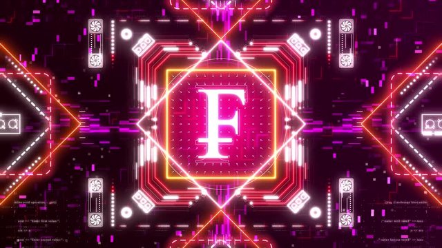 Swiss franc currency logo. Financial sign on digital background. 3d animation with bokeh, neon lights.
