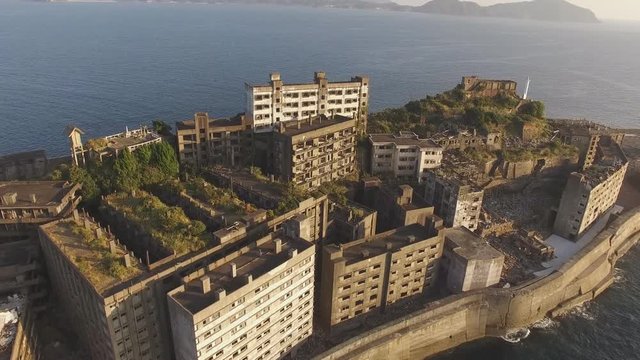 Aerial view. Ghost town on an abandoned island called Gunkanjima. (Japan)