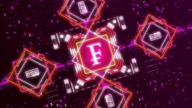 Digital Switzerland franc money logo on dark red glitch background. Currency sign. 3d animation with bokeh, neon lights.