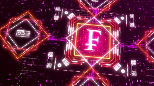 Swiss franc currency logo. Financial sign on digital background. Close-up 3d animation with bokeh, neon lights.