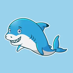 Schilderijen op glas Cartoon cute of shark with blue background. © REYYARTS