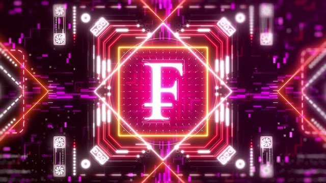 The Franc currency symbol animation. Glitch and neon digital background