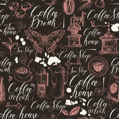 Vector seamless pattern on of tea and coffee theme in retro style. Repeatable background with hand-drawn items, butterfly, spots and handwritten inscriptions. Suitable for wallpaper or wrapping paper
