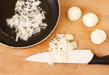 Chopped onion in a pan.