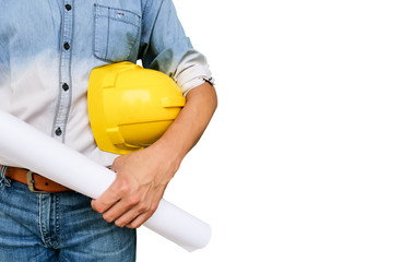 worker or architect holding in hand blueprint and yellow plastic helmet, hardhat isolated on white background