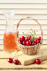 Basket of cherries on wooden table.