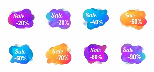 abstract fluid vector bubbles with discounts. discount from 20 to 90 percent sale offer color bubbles. abstract gradient banner with flowing liquid shapes illustration for promo advertising discounts