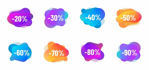 discount from 20 to 90 percent sale offer color bubbles. abstract fluid vector bubbles with discounts. abstract gradient banner with flowing liquid shapes illustration for promo advertising discounts