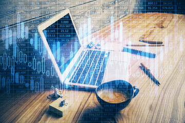 Multi exposure of chart and financial info and work space with computer background. Concept of international online trading.