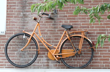 bicicletta arancione appoggiata sul muro