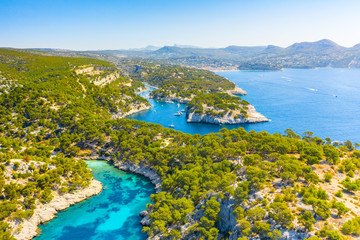 Panoramic view of Calanques National Park near Cassis fishing village, Provence, South France,...