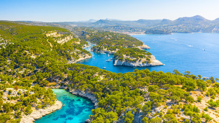 Fototapeta na wymiar Panoramic view of Calanques National Park near Cassis fishing village, Provence, South France, Europe, Mediterranean sea
