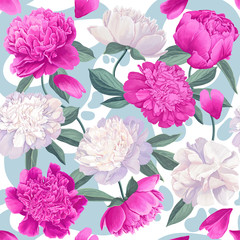 Floral seamless pattern with pink and white peonies on color splashes and spots. Spring flowers background for prints, fabric, invitation cards, wedding decoration, wallpapers, wrapping paper. 