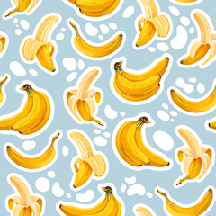 Seamless pattern with bright yellow hand-drawn bananas with high details in a realistic style. Gray-blue background with white spots for wallpapers, web page backgrounds, surface textures, textile.