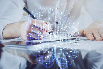 Man with multi exposure atificial intelligence brain icons.