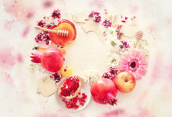 watercolor style and abstract image of Rosh hashanah (jewish New Year holiday) concept. Traditional symbols