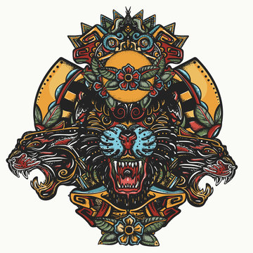 Three angry black panthers. Mayan color tattoo. Mesoamerican mexican art. Wild cats queens in jungle. Esoteric totem