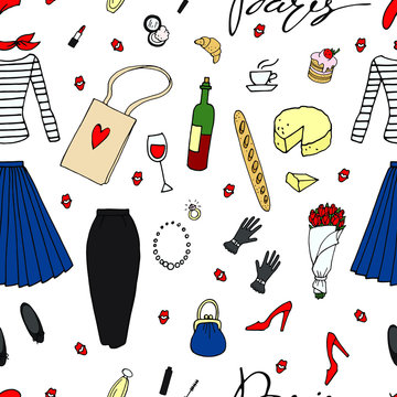 Vector seamless pattern with traditional paris style female clothes and food : red beret, striped blouse, wine cheese, croissant.