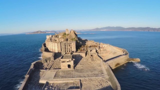 Aerial view. Ghost town on an abandoned island called Gunkanjima. (Japan)