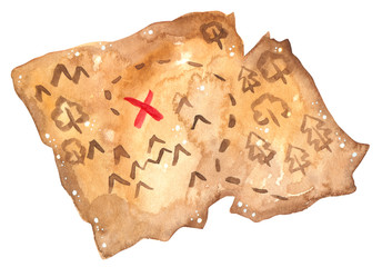 Pirate old treasure map, hand drawn watercolor illustration isolated on white.