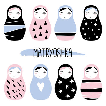 Nesting doll. Matryoshka, Russian doll with stars, heart, dots and triangles. Set of cute cartoon traditional wooden toys. Vector hand drawn illustration. Minimalistic geometric ornaments. Kids theme