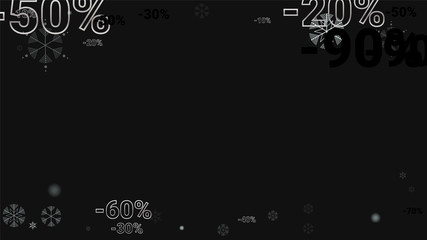 Percent Sings on Dark Background. Black Poster with Silver Percent Sings and Snowflakes. Vector Discount Sale Background.