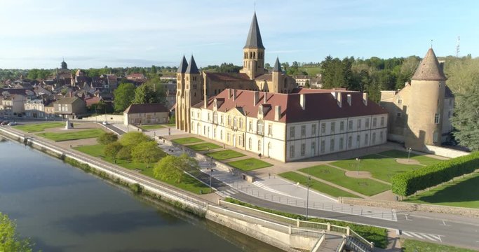 Paray-le-Monial abbey aerial approach, France