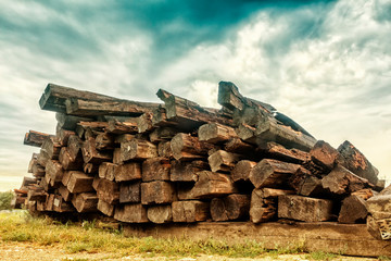 A pile of old railway sleepers,pile of railway sleepers