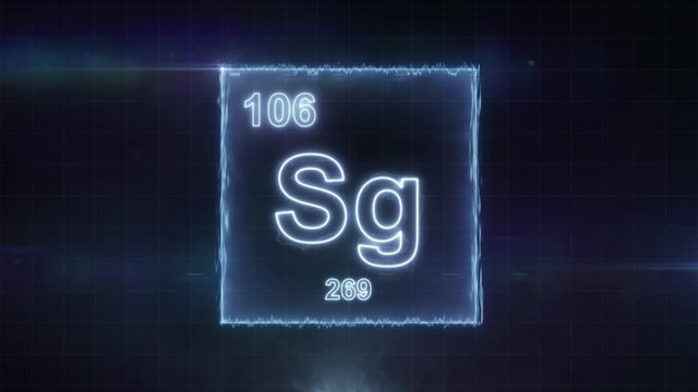 Seaborgium - periodic table element symbol hologram glowing on dark background in 4K