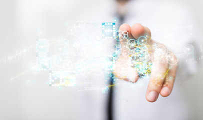 Businessman pressing document icon over computer binary code