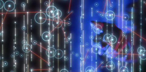 Businessman pressing document icon over computer binary code